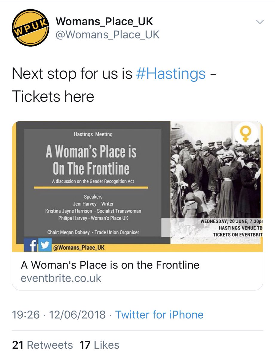 June 2018; WPUK were all set to hold an anti-trans event in Hastings on 20.6.18, when some random twitter account tweeted that there was a “hidden device” at the venue 6 days before.Not getting a response, he tweeted again, this time tagging Hastings Police on 14.6.18 at 8.27pm