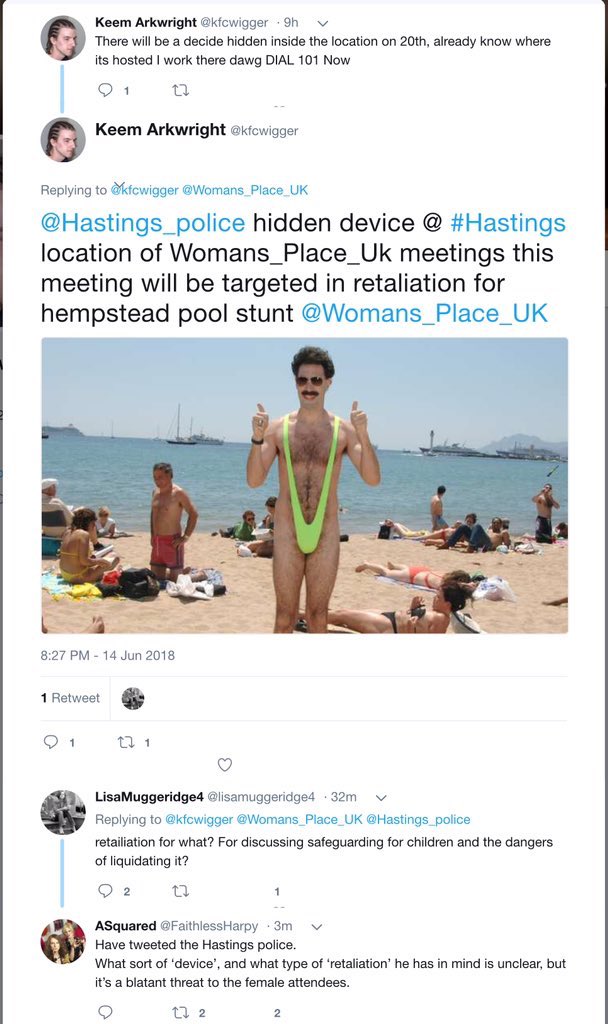 June 2018; WPUK were all set to hold an anti-trans event in Hastings on 20.6.18, when some random twitter account tweeted that there was a “hidden device” at the venue 6 days before.Not getting a response, he tweeted again, this time tagging Hastings Police on 14.6.18 at 8.27pm