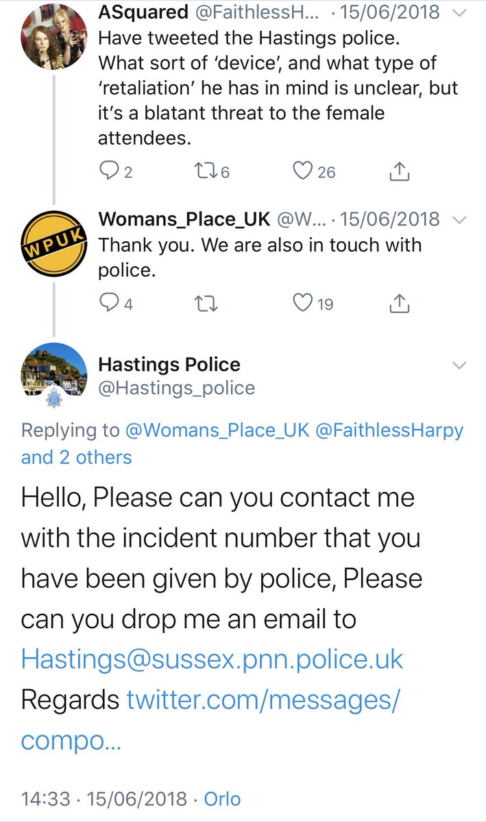 By lunchtime of the next day (15.6.18) TERF Twitter was in meltdown and Hastings Police was all over it...