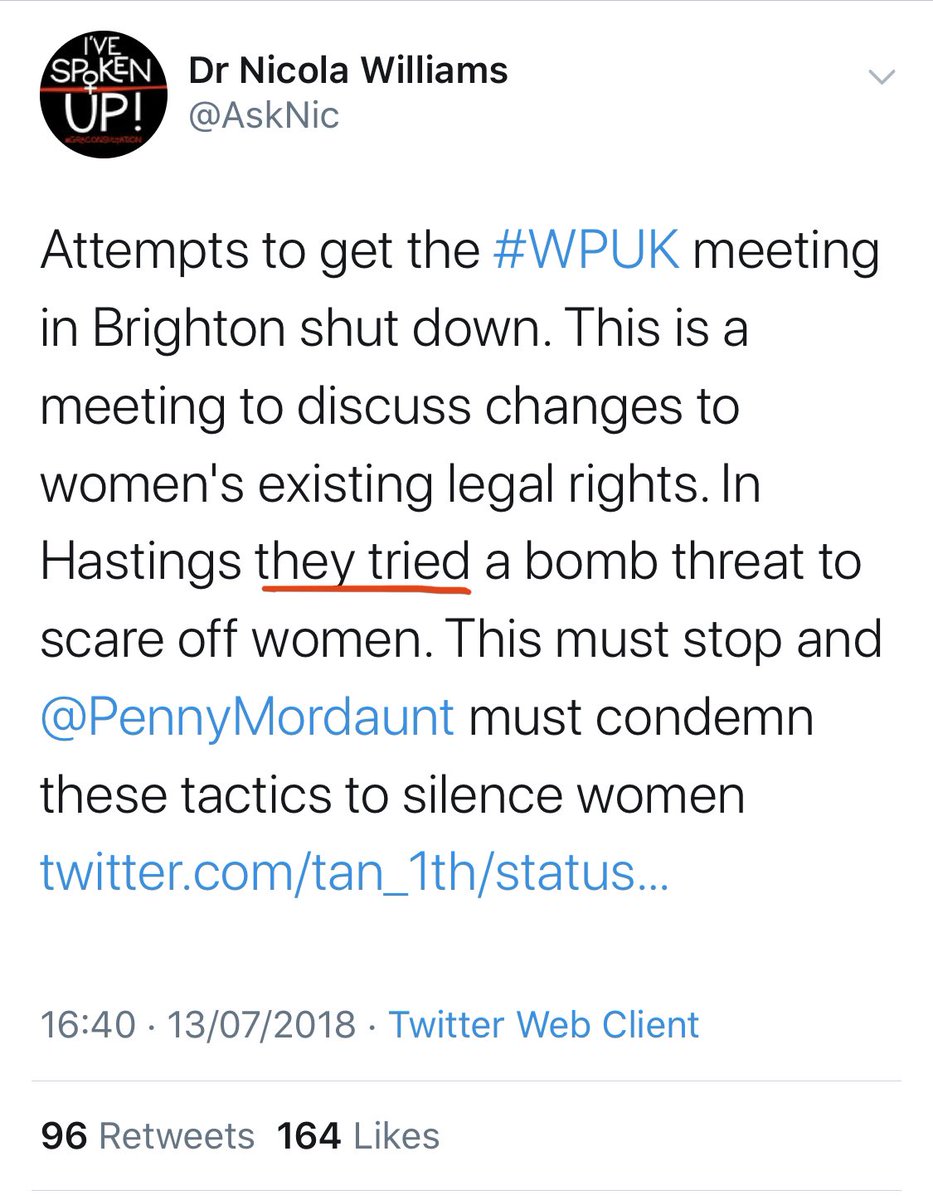 Yet those who were there *knew* the truth, but it didn’t suit their narrative to clarify that it wasn’t, as everyone had been led to believe, “aggressive TRAs”.... But they remained ambiguous, as the lie benefited their transphobic ideology...