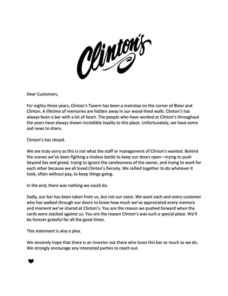 Our beloved <a href="/ClintonsTavern/">ClintonsTavern</a> is in a tough spot. Stay tuned for our Tuesday invite at a different location. It’ll be a fundraiser for our Clinton’s fam who are owed back pay + are suddenly without employment. Stay tuned.