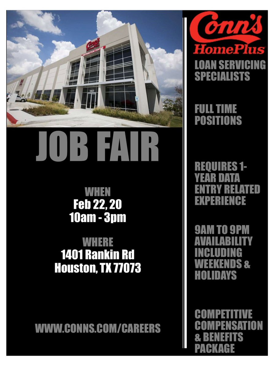 CerynthiaS's tweet photo. See you tomorrow! JOB FAIR - JOB FAIR - JOB FAIR !!!! Saturday, February 22nd from 10a-3p @ 1401 Rankin Rd Houston, TX 77073. Hiring Full time Data Entry Specialists; Competitive Compensation &amp; Benefits Package #jobfair #connshomeplus https://t.co/2DJ9JScIas