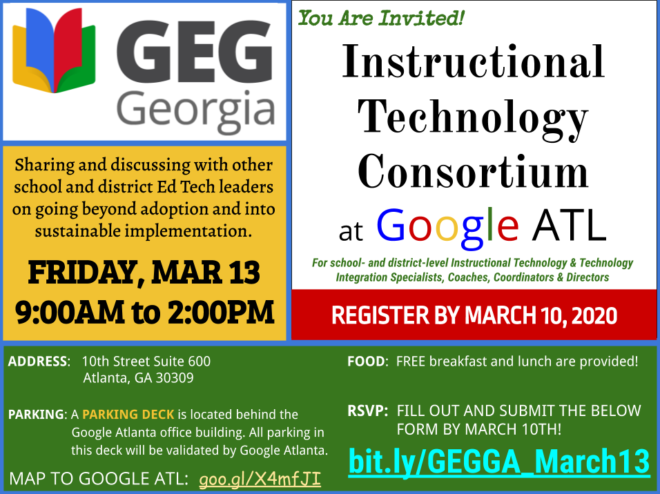 Happy Friday, friends!

GEG Georgia still has space for this #EdTech leaders event! Limited to 2-3 per district. If you'd like more info, send me a DM!

Use this link to sign up if you're interested in attending! bit.ly/GEGGA_March13

#GoogleEI #GoogleET #GEGGAChat #TECHTalkGA