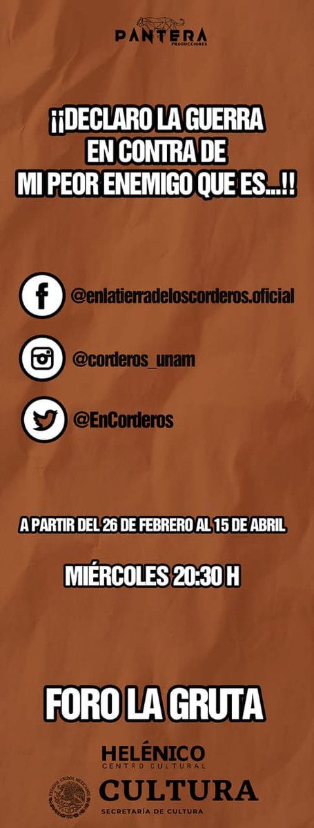 EnCorderos's tweet photo. Recuerden que pueden comprar sus boletos en preventa para cualquiera de nuestras funciones a mitad de precio en https://t.co/Sd62hY8KCc hasta el 25 de febrero.

#DeclaroLaGuerra #PanteraProducciones #RumboALaGruta #CCulturalHelénico #StopBullying https://t.co/sqjSHCgIhw
