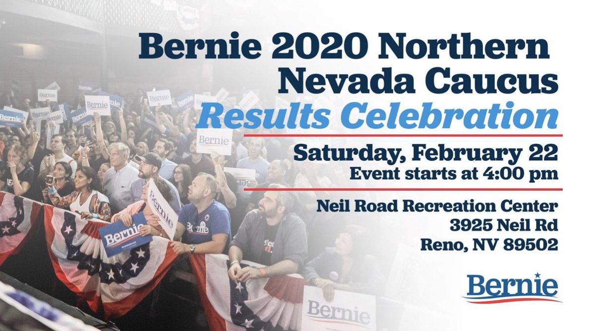 Blackmare00's tweet photo. #BigUs #Nevada

#Bernie2020 Northern Nevada Caucus Results Celebration 🎉 

Drinks🍹 Food 🌯 Friends

🔹Saturday, February 22
🔹Starts at 4pm

Neil Road Recreation Center
3925 Neil Rd
Reno, NV 89502

#NotMeUs #Reno #NVCaucus #NextStopSC 

RSVP: https://t.co/jhe8FJZ0Vl https://t.co/jptjA3PwgV
