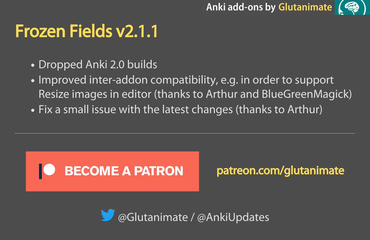 Frozen Fields v2.1.1 is now available on AnkiWeb!: ankiweb.net/shared/info/51…

Let me know what you think via <a href="/glutanimate/">Glutanimate</a>
Support my work: patreon.com/glutanimate

#AnkiAddons #AnkiSRS #Anki #SpacedRepetition