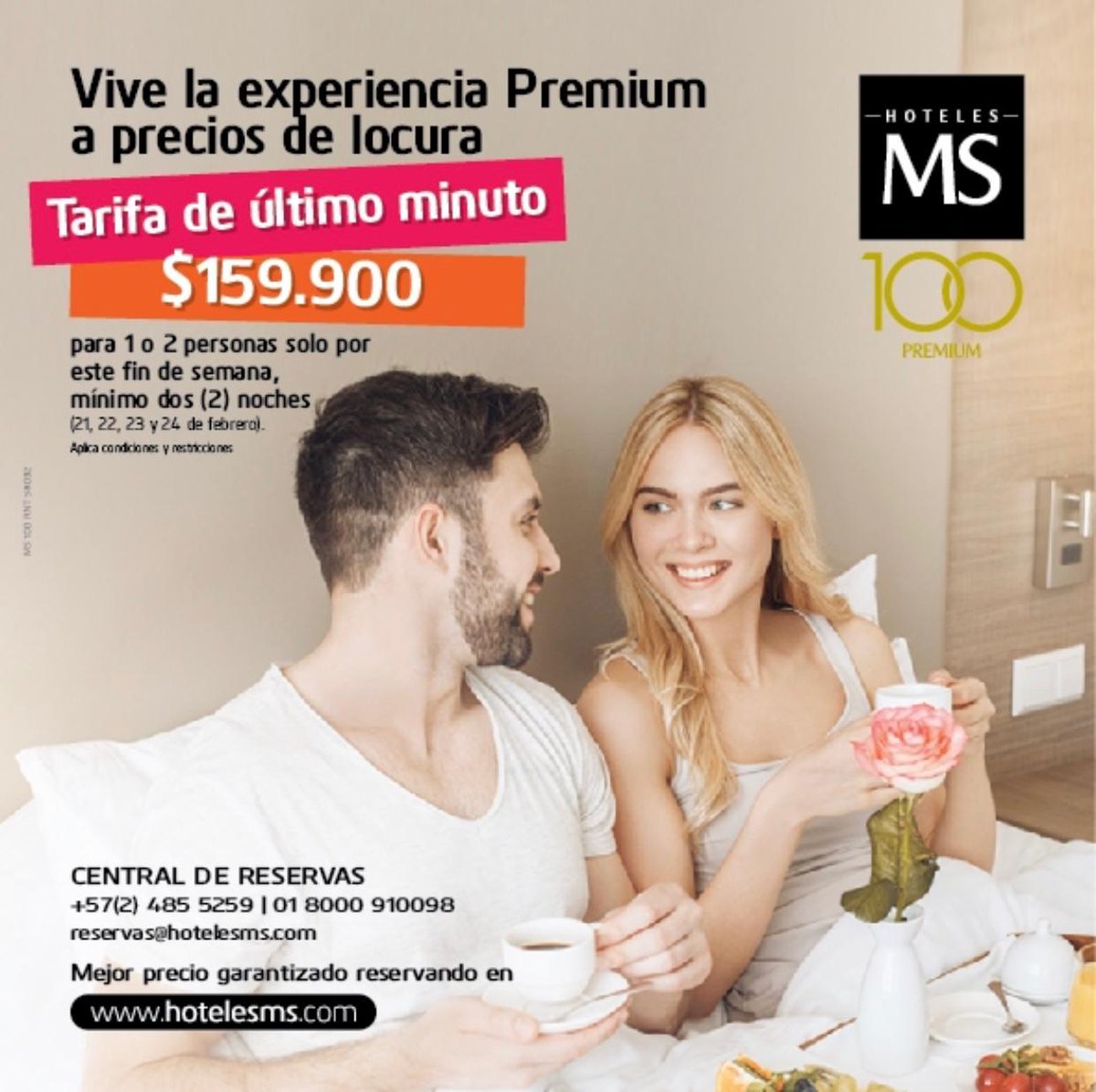 hotelesms's tweet photo. 📢 SÚPER #PROMOCIÓN ⚠ Desde hoy y hasta el 24 de #febrero de 2020, reserva hospedaje en el Hotel #MS100Premium de #CaliCo desde $159.999 COP por noche + impuestos para 1 o 2 personas. Aplica para mínimo 2 noches. *Aplica términos y condiciones. Reservas 4855259/018000 910098. https://t.co/e0IqCzU9Z2