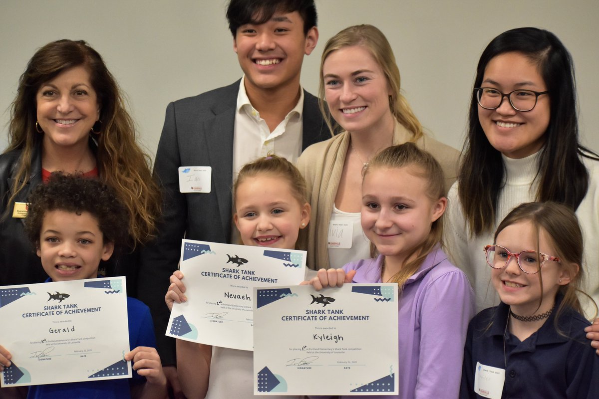 UofLFreeEnt's tweet photo. Future #entrepreneurs were at the @uoflbiz today, competing in the @ElevatePortland SharkTank. Nine 
3rd graders presented their inventions to judges from the  @ForForcht  program. And the winners were: Snow Bar, CocaHolder, Soft Lego. These young entrepreneurs are going places! https://t.co/jmv8FrAlHQ