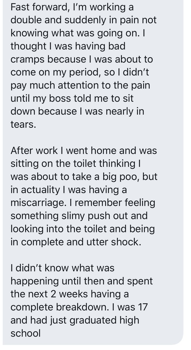 “My ex (whom I still live with unfortunately) has gotten me pregnant twice and I’ve miscarried twice. He constantly cheated but tracked my ovulation so he would nut in me on purpose on those days.”