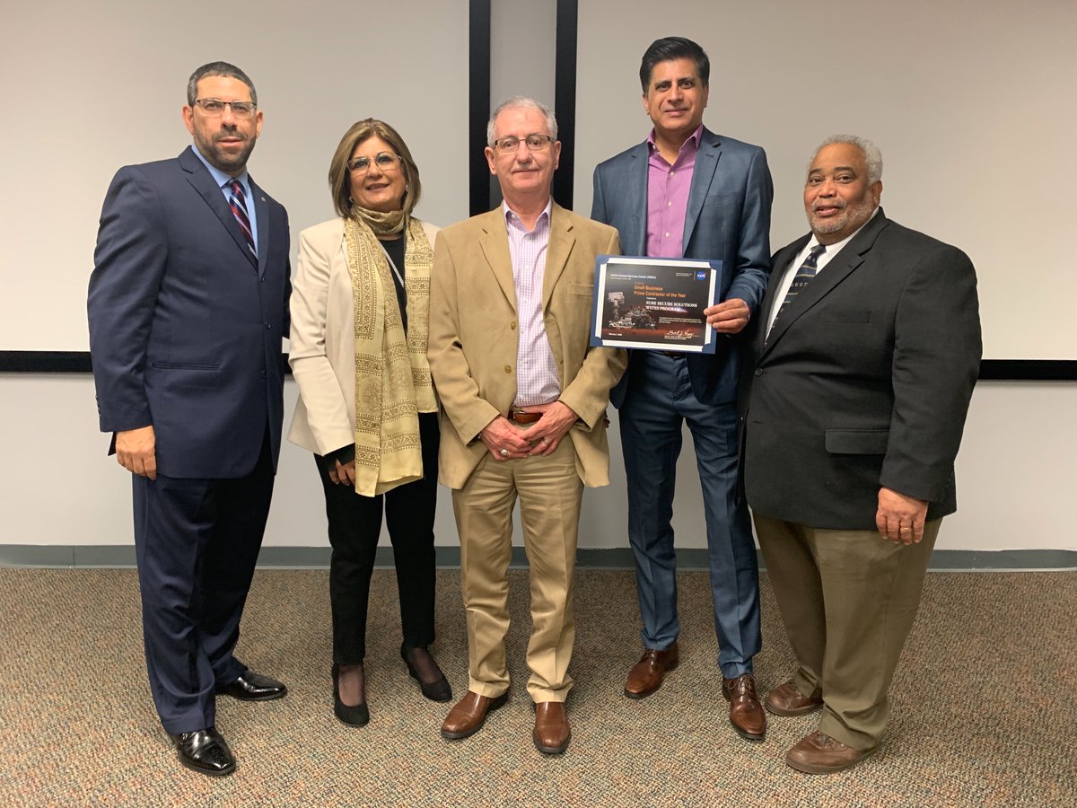 SureSecure's tweet photo. We are deeply excited to share that Troy Miller of @NASA Shared-Services Center, David Brock of @NASA_Marshall, and Glenn Delgado of @NASA HQ presented the 2019 Small Business Prime Award to Sure Secure Solutions this past week. #teamwork #SBA #smallbiz #cyber #cloud #aws https://t.co/ElJOIdp7X6