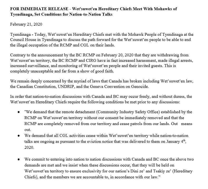 UnistotenCamp's tweet photo. FOR IMMEDIATE RELEASE - #Wetsuweten Hereditary Chiefs Meet With Mohawks of Tyendinaga, Set Conditions for Nation-to-Nation Talks

#WetsuwetenStrong https://t.co/HibpwVwHtv