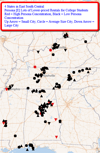 BlockFacts's tweet image. Here are #BlockFactsData on 1 set of demographics (“personas”) for cities in 4 East South Central states with high/low percentages of persona. Data are from our FREE tools at zcu.io/7hJy. Watch for 3 posts for each of 9 weekdays to cover 5 personas in all states.