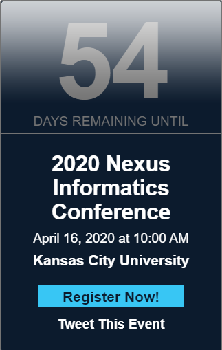 MartinaAClarke's tweet photo. Save the date for the amazing Nexus Informatics Conference April 16-17, 2020 in Kansas City, MO https://t.co/xDyjsc0jqc #mwbioinformatics https://t.co/sYLq97ZEV5
