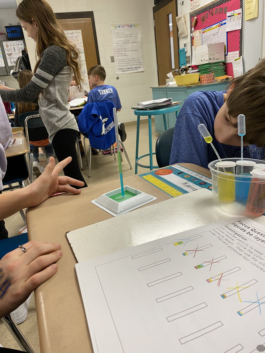 SPrivetts's tweet photo. Having fun in science today.  Trying to figure out if we can layer colored water and why it works.  #IS_groundbreakers #ISinnovators #ExploreEmpowerExcel @MrsFravel https://t.co/pPlW0JGxAN