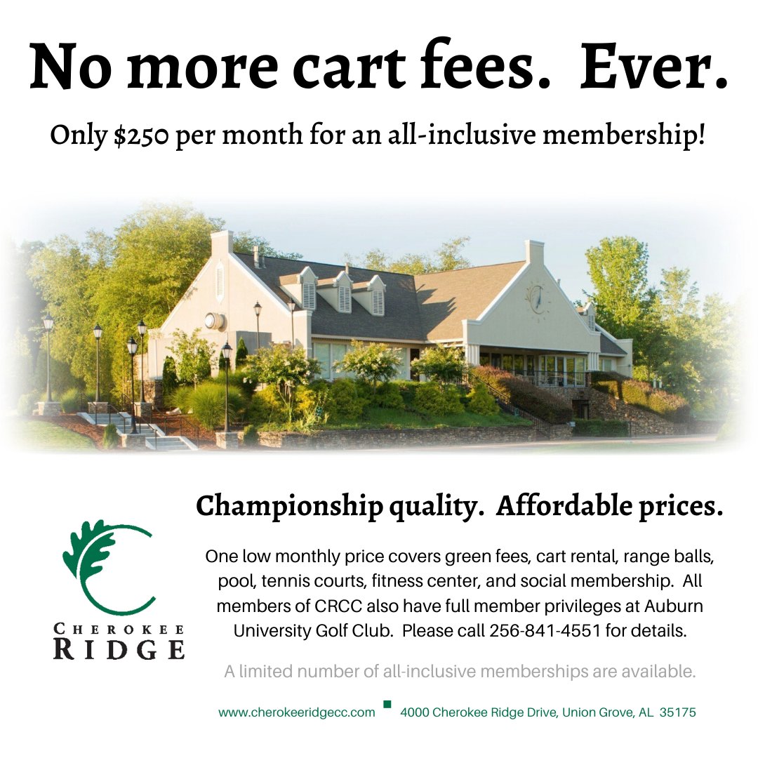 CherokeeGolfAL's tweet photo. You read that right! NO CART FEES!!! We don't have food minimums either . . . just amazing value at Cherokee Ridge.

Set yourself up for the best spring and summer ever! Call us today at 256-841-4551!

#CherokeeRidgeCC https://t.co/ozjQdkjApd