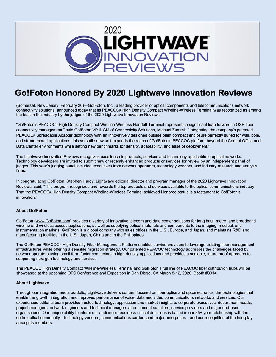 gofoton's tweet photo. In the news: Go!Foton's PEACOC(R) High Density Compact Wireline Wireless Terminal Wins Lightwave Innovation Award! https://t.co/65ggXmeVJU