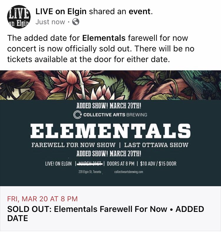 ElementalsBand's tweet image. Two sold out nights in a row at @liveonelgin this March.

Thank you so much for everything you’ve done for us, Ottawa.

These shows will be ones for the books, that we promise you.