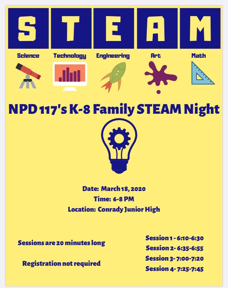 Join us at the <a href="/NorthPalosSD117/">North Palos SD117</a> Family STEAM Night on Wednesday, March 18th!
