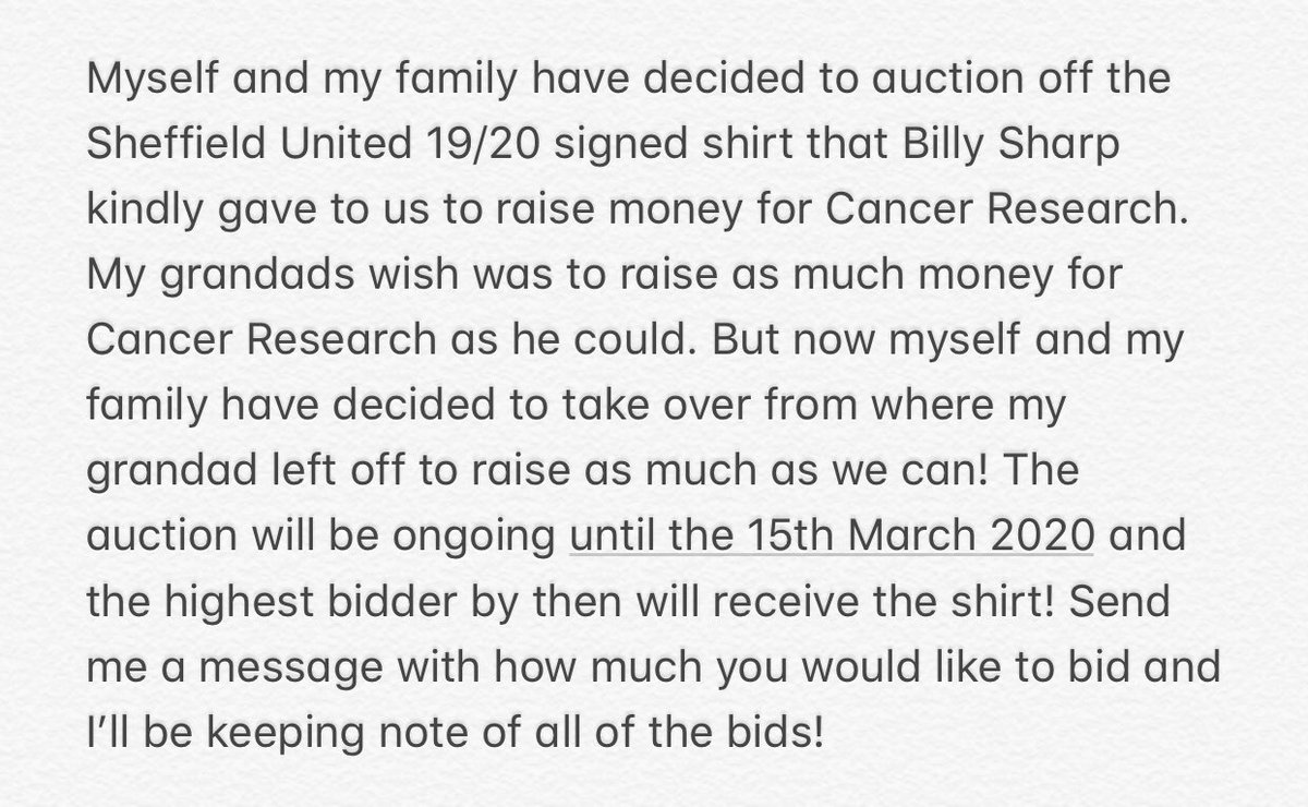 emswfc's tweet photo. Me and my family are auctioning the SUFC 19/20 signed Billy Sharp shirt to raise money for Cancer Research. We already have a bid of £100! Send me a message if you’d like to make a bid! Thank you so much! Please retweet if you can too! @billysharp10 #sufc #CancerResearch ❤️ https://t.co/zTZIOdfeST