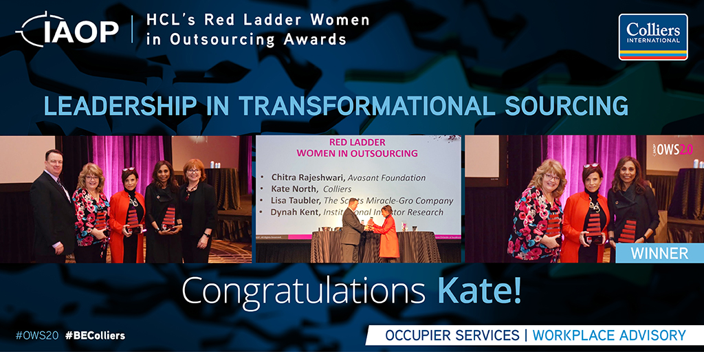 Colliers's tweet photo. Congratulations to our #workplace expert Kate North on being recognized for Leadership in Transformational Sourcing by @IAOP at the #OWS20 summit this week! Well-deserved! Read more here: https://t.co/ugtuRc82iq #CRE https://t.co/pR0YZlicYo