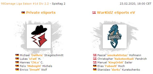 LIVE: <a href="/PrivateEsports/">Private Esports</a> 🆚 <a href="/WarKidZ/">WarKidZ</a> - <a href="/99DAMAGEde/">99Damage</a> #99Liga Div 2.2

🎙️ Caster: @m0nsterdad1

📺 twitch.tv/letscast1
ℹ️ letscast.de/coverage/match…