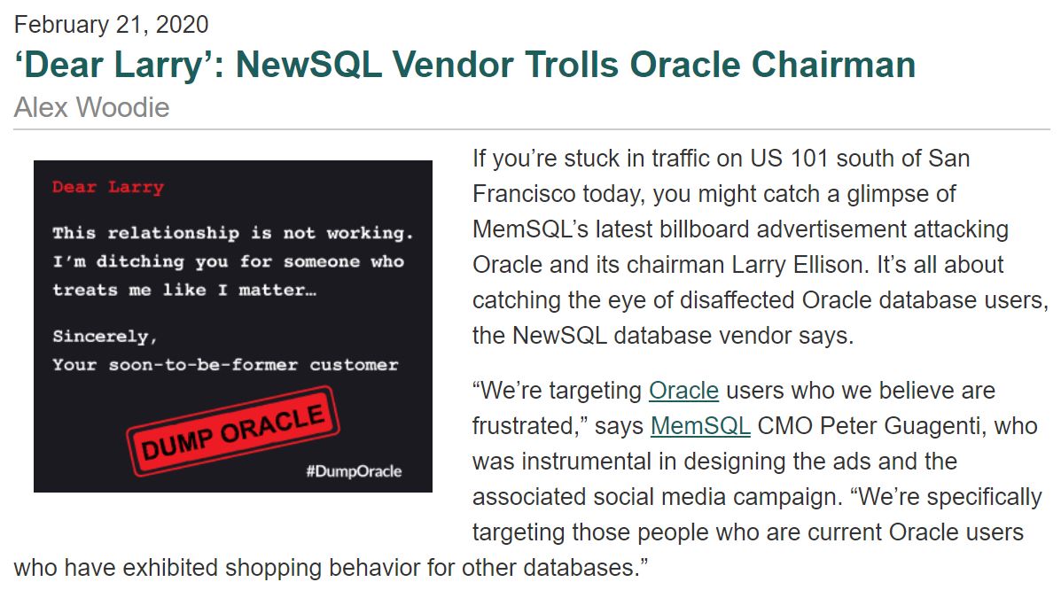 SingleStoreDB's tweet image. For those who might need a little convincing to #DumpOracle – @Datanami’s @Alex_Woodie has the scoop:  datanami.com/2020/02/21/dea… #BreakUpDay