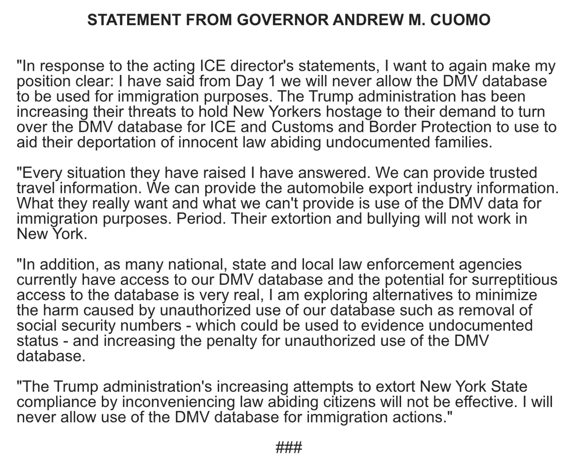 NYGovCuomo's tweet photo. The Trump administration will fail in their attempts to extort New York State into turning over our DMV database so that they can deport law abiding undocumented families.

I will never allow use of the DMV database for immigration actions.

My full statement: https://t.co/G2ySVZYzCe