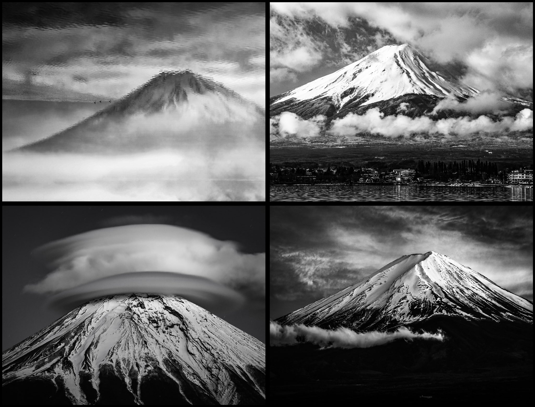 フォトグラフ 雪嶺の威容 松影に映える富士山 モノクロ写真作品 A142