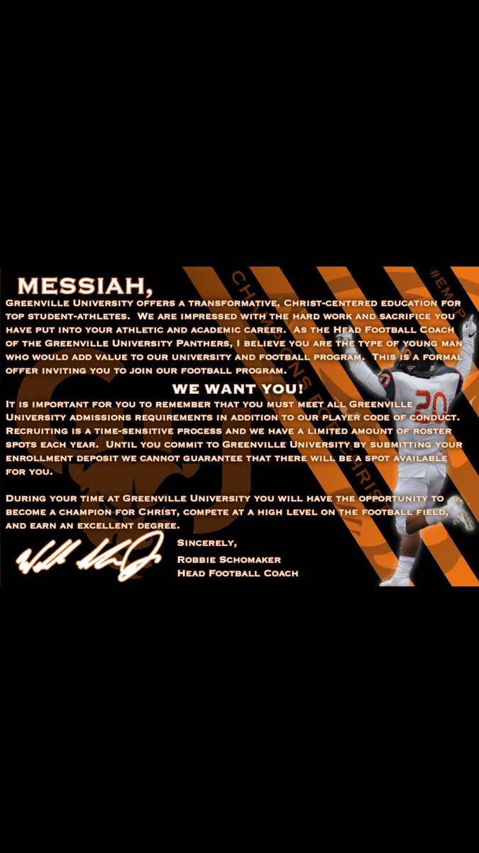 Moss3_'s tweet photo. Excited and blessed to announce that I have received an offer to continue my athletic and academic career @ Greenville University. Big thanks to  @_CoachGrant and the rest of the coaching staff for the opportunity!!! https://t.co/GdnRn4765Z