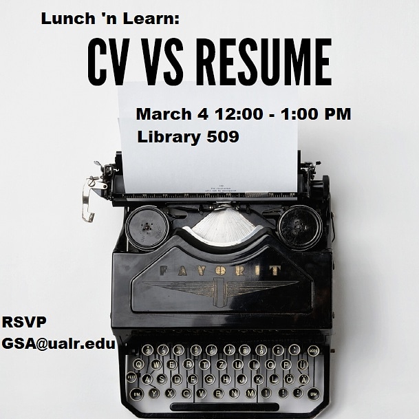 GSA_PR's tweet photo. Join us at our upcoming panel series! The first panel will cover the differences between writing a CV and writing a resume.

 Lunch will be provided. Please RSVP to GSA@ualr.edu to attend in person or to receive a link to watch the panel online! https://t.co/NHnOkb1SCO