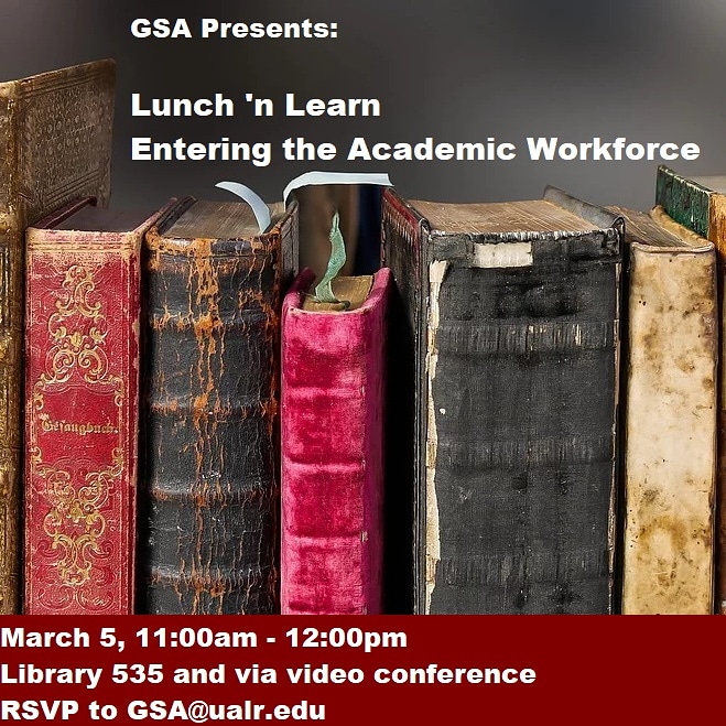 GSA_PR's tweet photo. Join us at our upcoming panel series! The second panel will cover what to expect when finding a job in academia.

Lunch will be provided. Please RSVP to GSA@ualr.edu to attend in person or receive a link to watch the panel online!

@UALRGradSchool https://t.co/FkBWSnaSfH