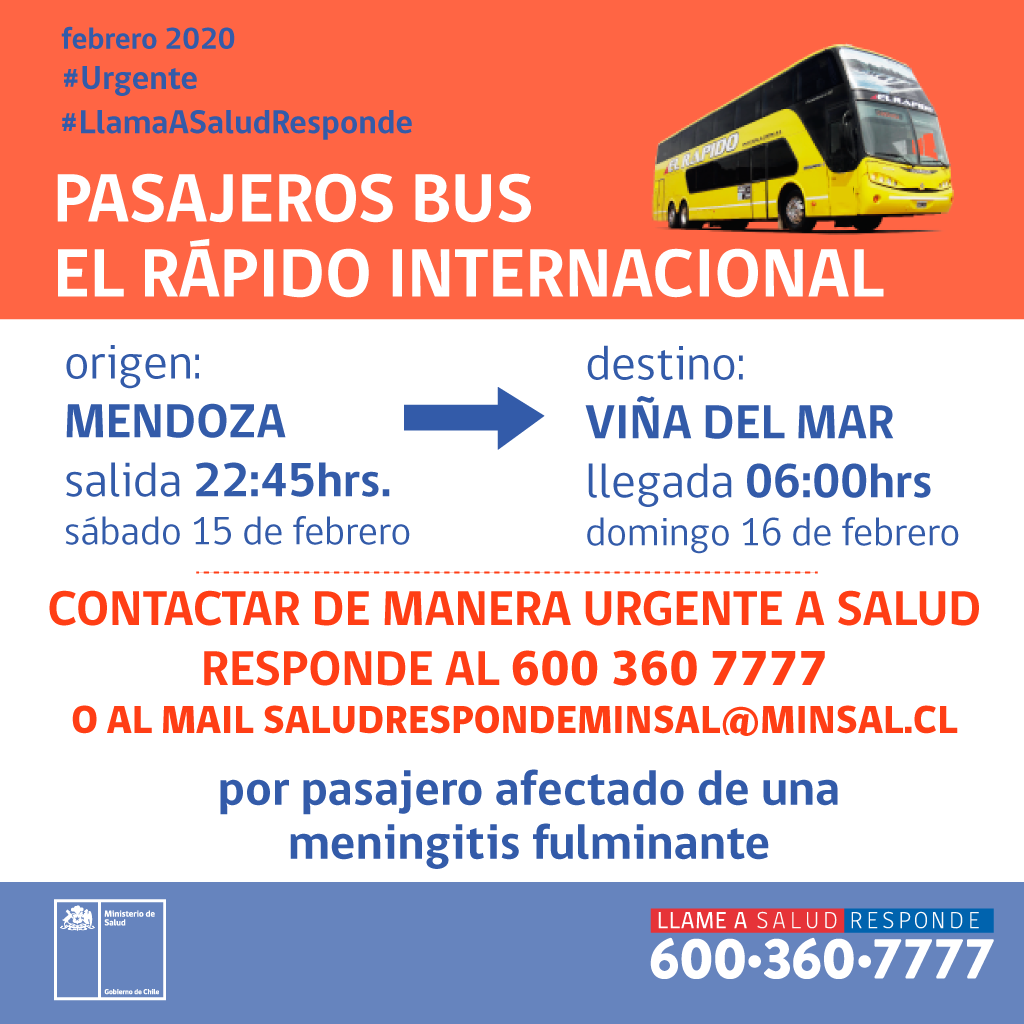 Salud_Responde's tweet image. #Urgente
Pasajeros bus EL RÁPIDO INTERNACIONAL 
que viajaron desde MENDOZA🇦🇷 a VIÑA DEL MAR🇨🇱 en las fechas de la publicación deben contactar de manera urgente a #SaludResponde 6003607777 por pasajero con meningitis
Sin roaming solicitar información saludrespondeminsal@minsal.cl