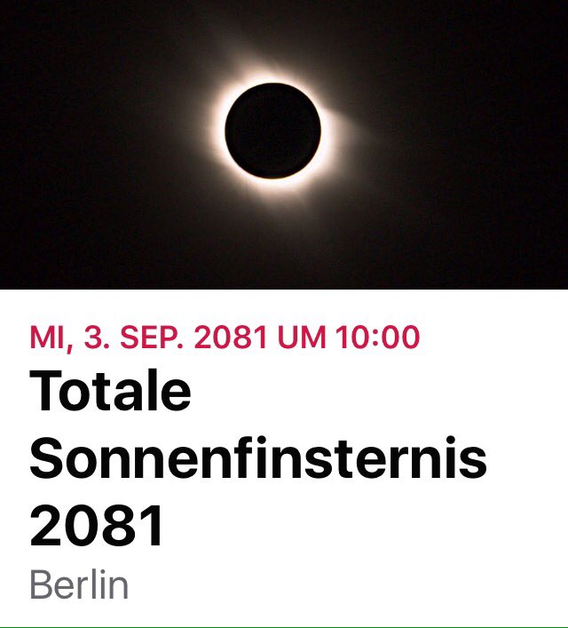 [Totale Sonnenfinsternis🌚 2081]:

Mittwoch, 03.09.2081 um 10:00 Uhr 

Ey, um diese Zeit schlafe ich noch😴💤

#Sonnenfinsternis🌚
#Sonnenfinsternis2081🌚
#SoFi🌚
#SoFi2081🌚
#TotaleSonnenfinsternis🌚
#TotaleSonnenfinsternis2081🌚