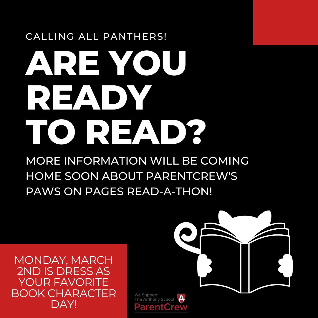 AnthonySchool's tweet photo. Panthers: Are you ready to read? More information coming soon about ParentCrew's Paws on Pages Read-a-thon fundraiser! https://t.co/WDpl2HH08v #TASParentCrew #PawsonPages https://t.co/Gk4ruY3q4s