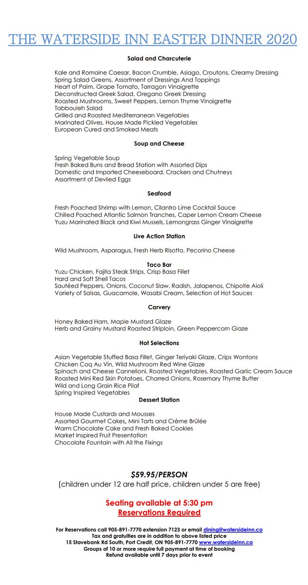 The Waterside Inn (@watersideinnpc) on Twitter photo Our Easter Sunday Brunch & Dinner Menu! 😍
Please make your reservation by calling 905-891-7770 ext.7123 or email dining@watersideinn.ca🐣🐰 Our Easter Sunday Brunch & Dinner Menu! 😍
Please make your reservation by calling 905-891-7770 ext.7123 or email dining@watersideinn.ca🐣🐰