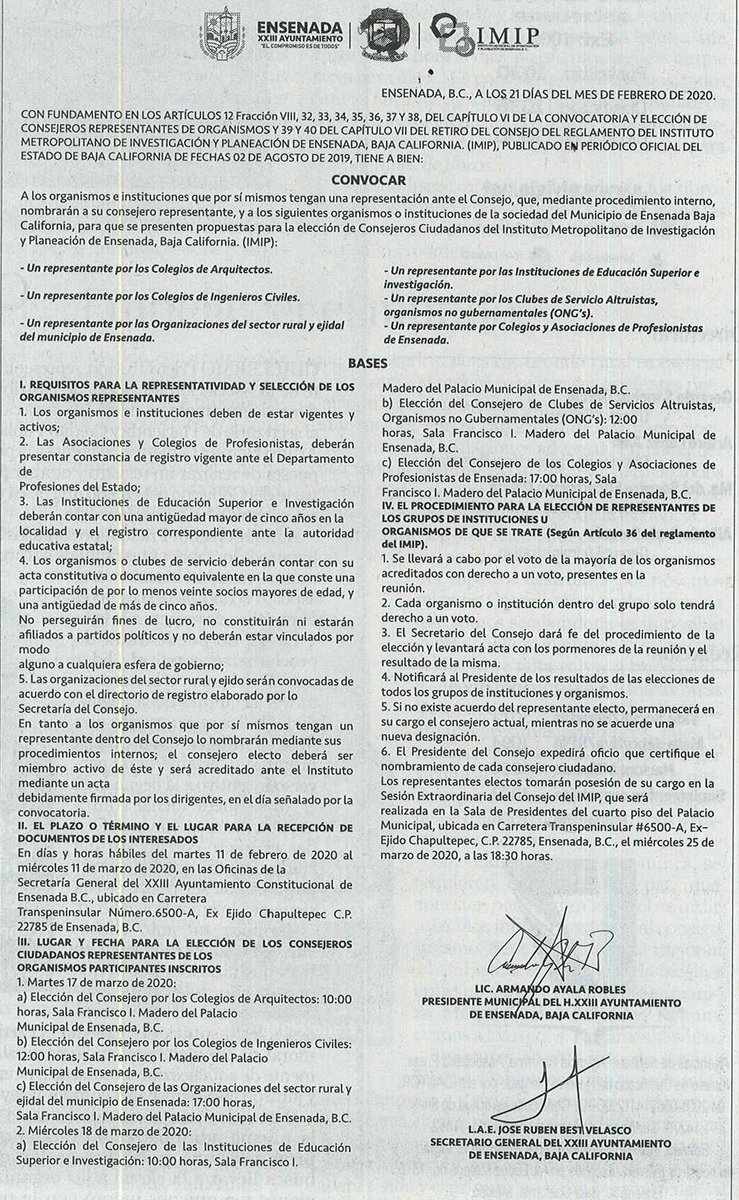 IMIPENS's tweet photo. El Consejo del IMIP y el XXIII Ayuntamiento de Ensenada, publica su SEGUNDA CONVOCATORIA PARA LA ELECCIÓN DE CONSEJEROS CIUDADANOS DEL IMIP.
--RECEPCIÓN DE DOCUMENTOS 11 FEB AL 11 MZO 2020--
CONSULTA LAS BASES EN: https://t.co/aeZuZvNY53
#Ensenada #ConsejoIMIP #XXIIIAyuntamiento https://t.co/skAcnW6LdW