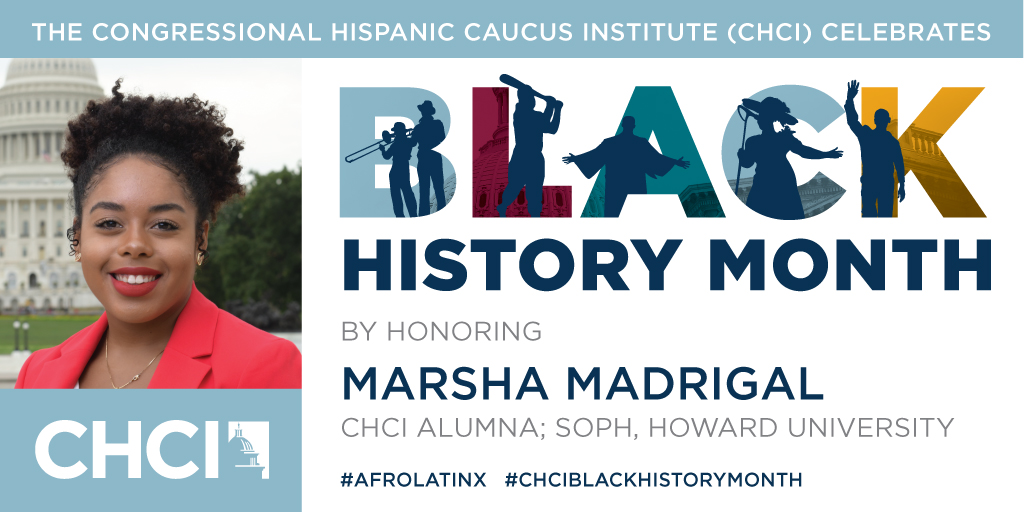 CHCI's tweet photo. #BlackHistoryMonth Spotlight: Former #CHCIIntern &amp; #R2LNextGen participant @madrigal_marsha attends @HowardU and is working to elevate diverse leaders &amp; underserved communities in the field of education. #BHM #AfroLatina #LatinxExcellence #HereToLead https://t.co/tHBrdxtEup