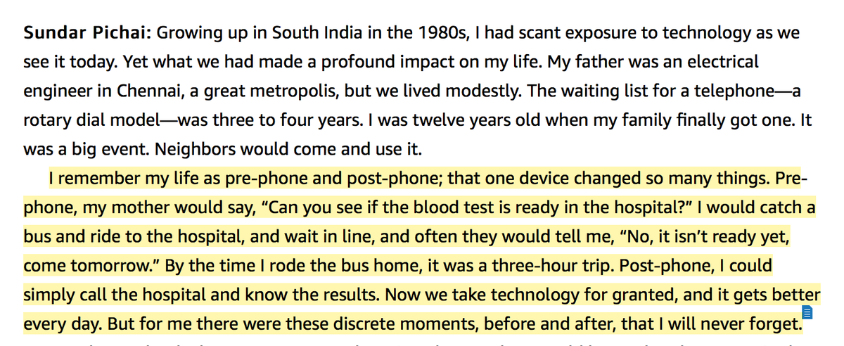 But we don't have to go that lofty to see human benefit. Convenience, saving people time & trouble, counts too.  @sundarpichai, growing up in South India in the '80s, remembers his life as “pre-phone and post-phone” (from Measure What Matters):