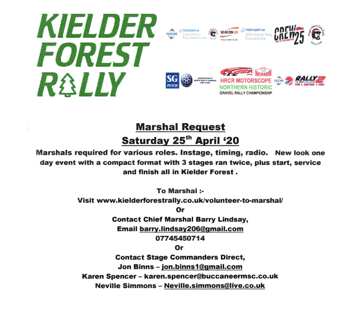 Marshals Required for Kielder Forest Rally on 25th April. <a href="/TheBHRC/">BHRC</a> <a href="/petch_sg/">ANECCC SG Petch Stage Rally Championship</a> @KielderRally <a href="/RACRMC/">Roger Albert Clark Rally</a>