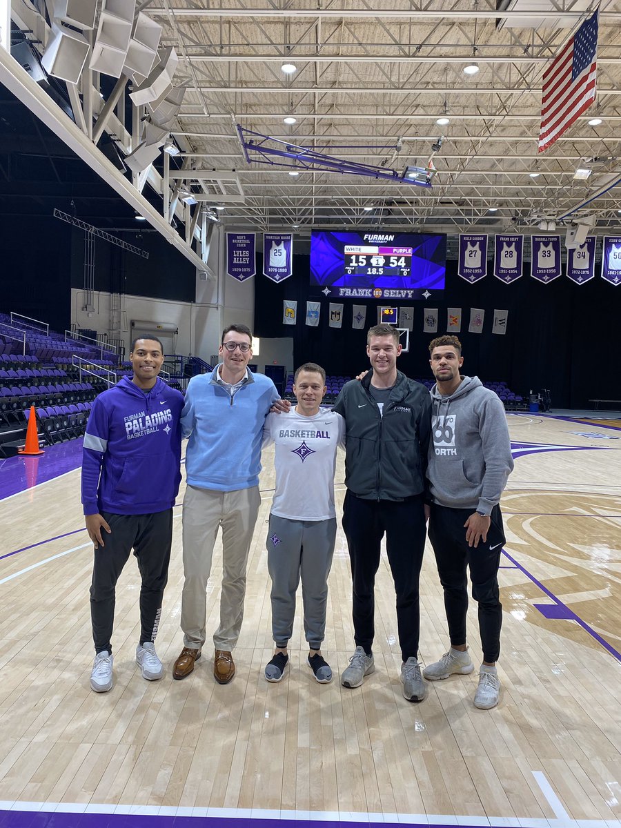 We enjoyed having some of our favorite alumni return today! Thank you Daniel Fowler (‘18), Geoff Beans (‘18), Kris Acox (‘17), and Matt Rafferty (‘19) for coming to spend time with us today! Great FU 🏀 players but even better people and teammates! #AllDIN #BetterTogether