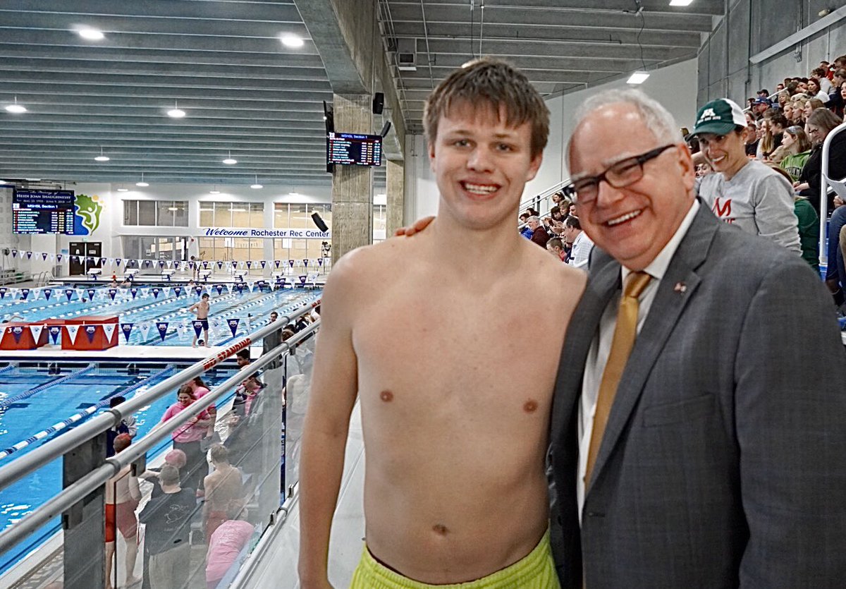 GovTimWalz's tweet photo. More than 3 years ago, my nephew Jake was in an accident in the Boundary Waters that killed his dad (my brother) and left him with life-threatening injuries. Today, we’re cheering Jake on at the MN state high school swimming tournament.

I’m so proud of him. Let’s go, Jake! https://t.co/S0pQJ9rDBI