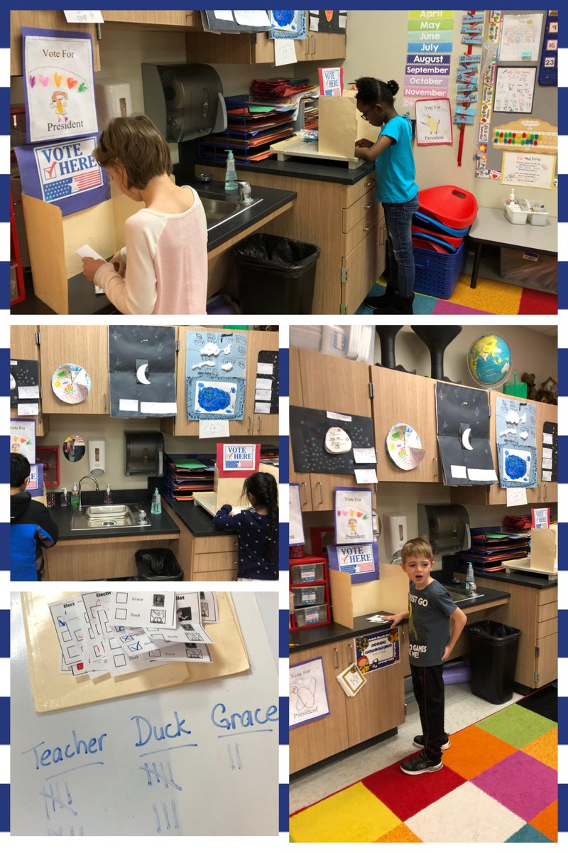 MrsSalmon1st's tweet photo. One of my favorite lessons all year!  Voting!  After reading Duck for Pres, Grace for Pres &amp; My Teacher for Pres, we make campaign posters, voter registration cards &amp; then vote!  You can just call me Madame President from now on! 🤪#bbengaged https://t.co/U3EAX3LIvt