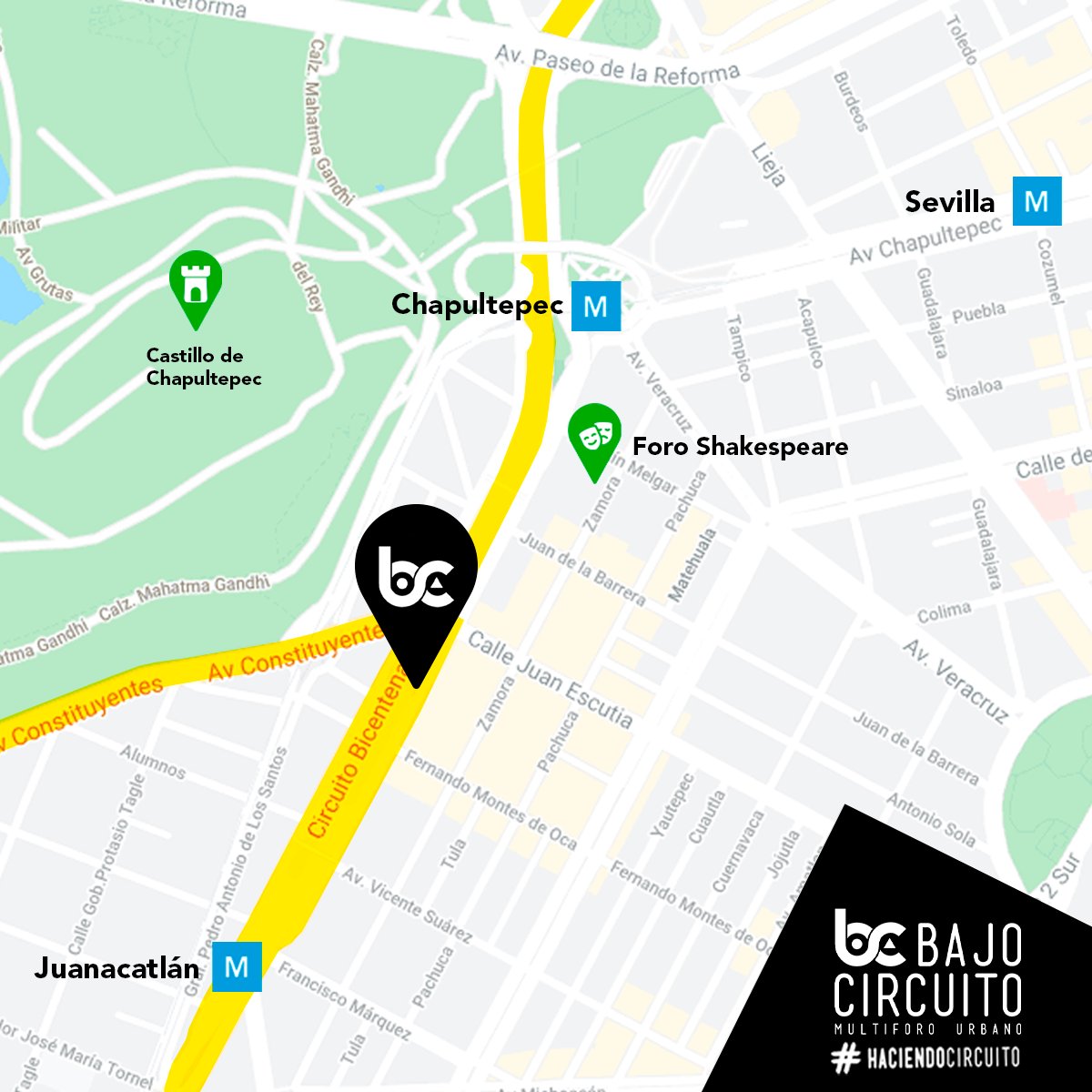 ¡Aquí nos ubicamos! No olviden que nuestra taquilla está abierta de martes a sábado, de 10AM a 6PM.