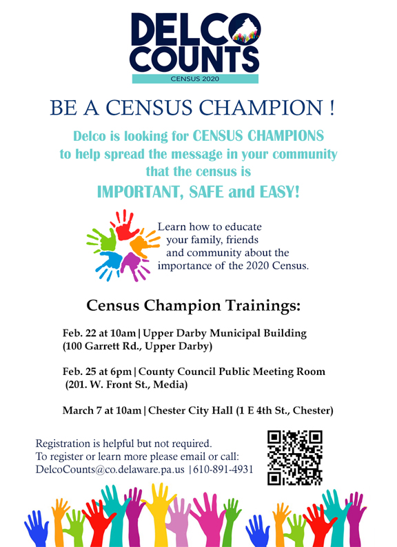 DelcoCounts's tweet photo. We’re looking for Census Champions to help spread the message in their community that the census is important, safe and easy! Join the Census Champion training Feb. 22 at 10am. PLEASE SHARE! #DelcoCounts 
Learn more here: https://t.co/oJGg9guZ8U https://t.co/69pZZkRlwZ