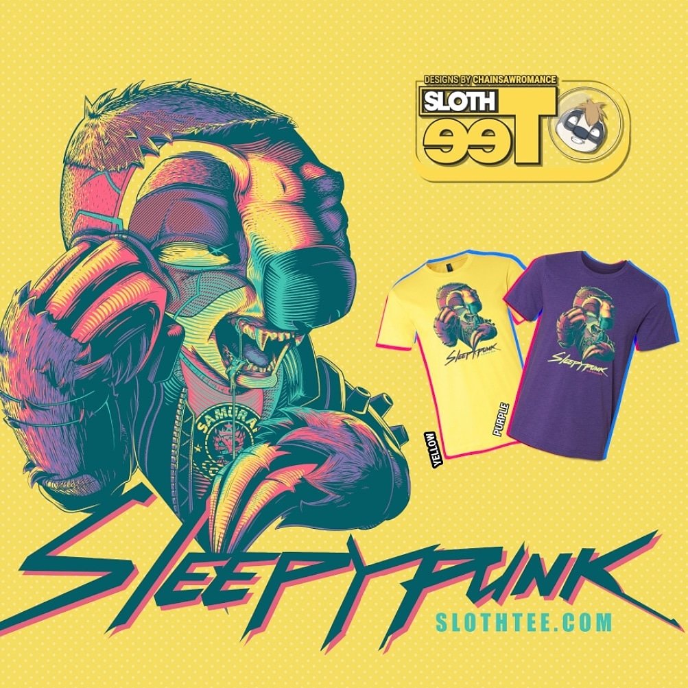 SlothTeeDotCom's tweet photo. Sleepypunk has arrived! Get this sleepy boy on yellow or purple before the nap high kicks in. Inspired by Cyberpunk 2077 from @cdpred. Link in the bio.
.
.
.
#slothshirt #cyberpunk2077 #cyberpunktshirt #cyberpunk2077shirt #cyberpunk2077v https://t.co/0RqGOo6fNh