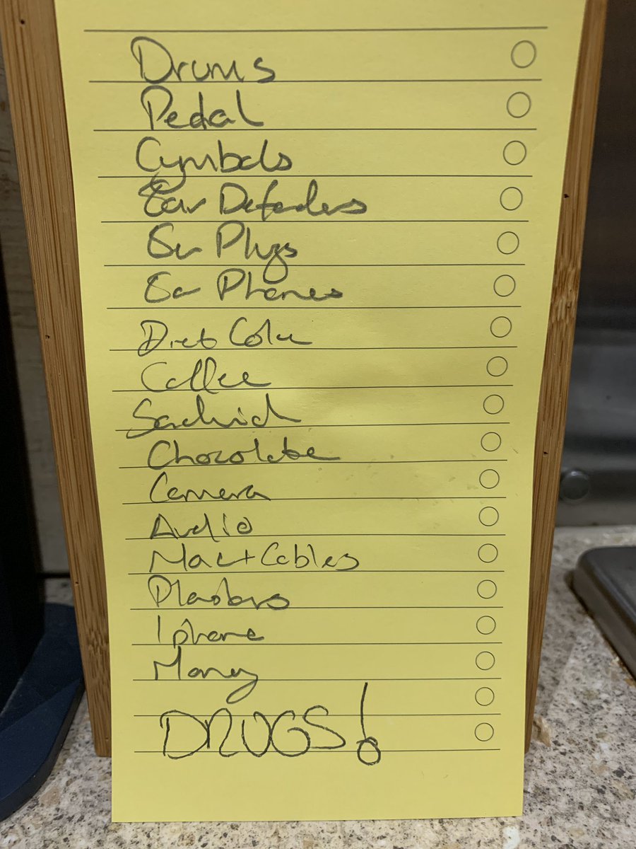originalhalfcut's tweet photo. Prep list for tomorrow. (Last ones a joke, don’t worry!) 

A free Moosefest t-shirt to the first person that can read all of this and post it in a comment but also spot the one vital thing a drummer needs that isn’t on the list. #freestuff #moosefest #badwriting #leftiesrule https://t.co/qeNkJLHgkj