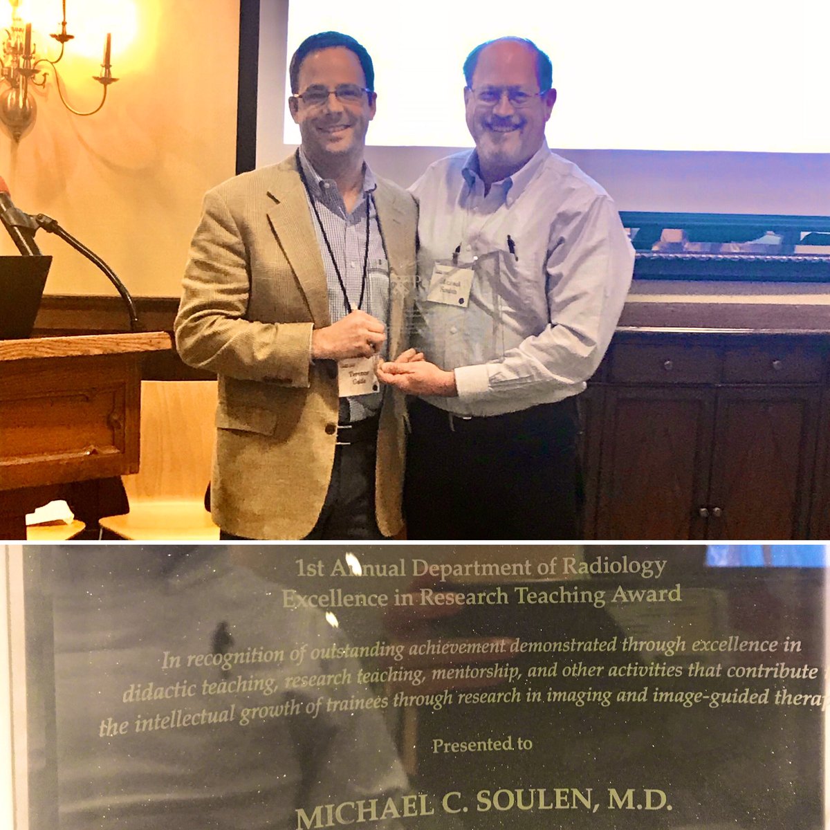 Such an honor to see @PigiLab @TerenceGade presenting the 1st Annual @PennRadiology Research Teaching award to our friend and mentor, Dr. Michael Soulen @michaelsoulen #pennradiology #radiology #research