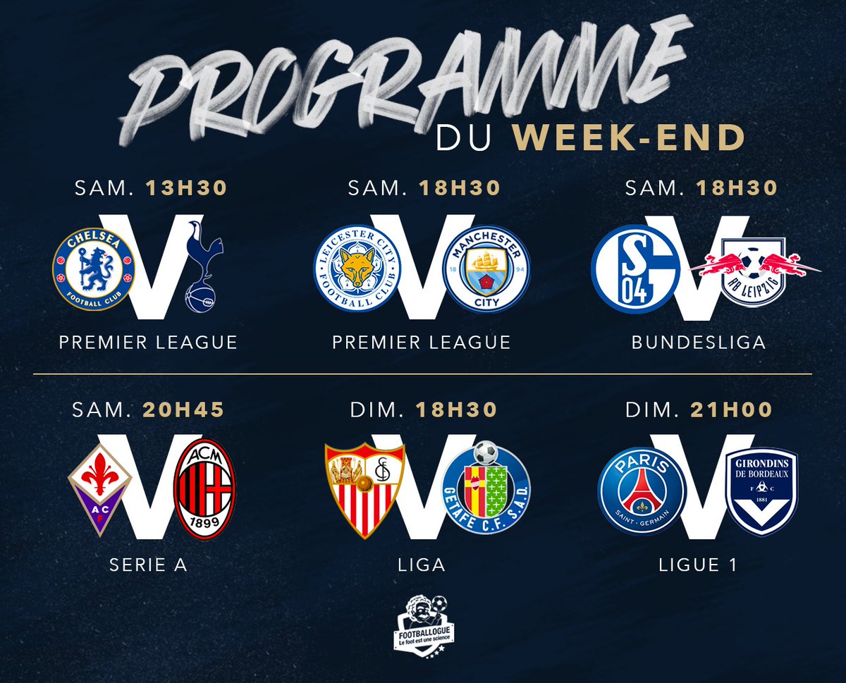 Footballogue's tweet photo. [#Programme📆] Le programme du week-end avec notamment un derby de Londres ! 🔥

#CHETOT 📺 RMC Sport 1
#LEIMCI 📺 RMC Sport 1
#S04RBL 📺 beIN Sports 
#FIOACM 📺 beIN Sports
#SEVGET 📺 beIN Sports
#PSGFCGB 📺 Canal+ https://t.co/Hwa58xHYQ6