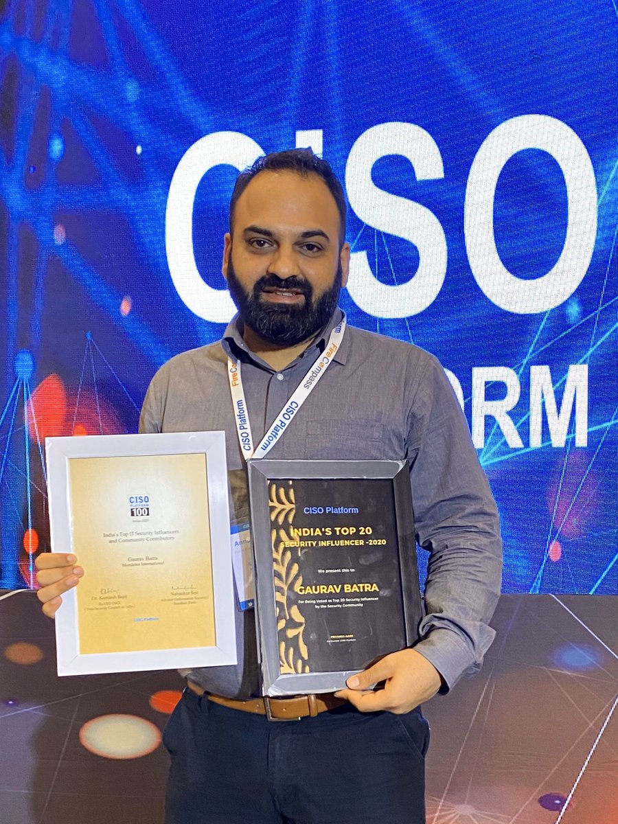 Happy to receive India’s Top 20 #Security #Influencers award. This was a voting based award, where voting was done by #CISO community across #India. Also received jury based top 100 #infosec award. 
#CyberSecurity #CISOPlatform #DigitalIndia  #SecureIndia #Cyberfrat