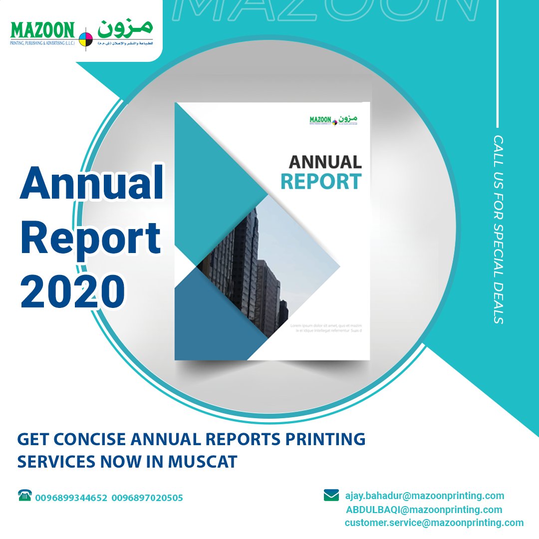 MazoonLlc's tweet photo. Get concise Annual Reports Printing services now in Oman by Dialing 0096899344652. Explore the quality products and services offered by Mazoon Printing Oman at best and affordable Price.
#mazoon #mazoonprinting #annualreport #reportprinting #oman #printing #print #publication https://t.co/URWupFWtkf